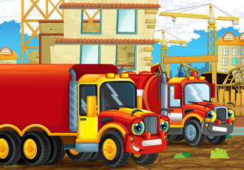 cartoon scene with happy vehicle on the road driving through the construction site - illustration for children