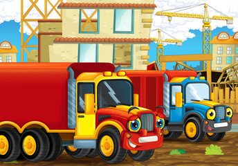 Obraz na płótnie Canvas cartoon scene with happy industry cars on the construction site - illustration for children