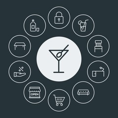 drinks, shopping, furniture Infographic Circle outline Icons Set. Contains such Icons as  office,  cold,  restaurant,  drink, alcohol,  bottle,  sale,  cart and more. Fully Editable. Pixel Perfect