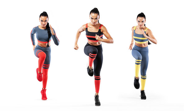 Collage Of A Strong Athletic, Women Sprinter, Running Wearing In The Sportswear, Fitness And Sport Motivation. Runner Concept With Copy Space. Dynamic Movement Isolated On White Background.