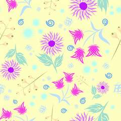 Fototapeta na wymiar Seamless floral pattern. Modern abstract bright colorful style. Hand drawn, vector - stock. Background or wallpaper, pattern for fabric or textile.
