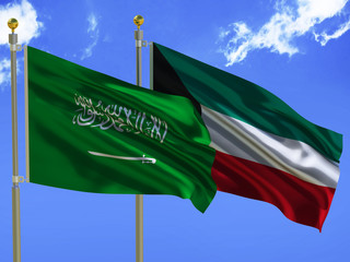 Saudi Arabia flag Kuwait flag Silk waving flags Kingdom of Saudi Arabia KSA with emblem sword and State of Kuwait with a flagpole on a sunny blue sky background with white clouds 3D illustration