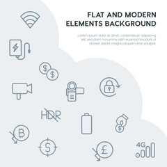 money, mobile, video, photos outline vector icons and elements background concept on grey background.Multipurpose use on websites, presentations, brochures and more