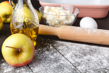 Ingredients and tools for making an apple pie