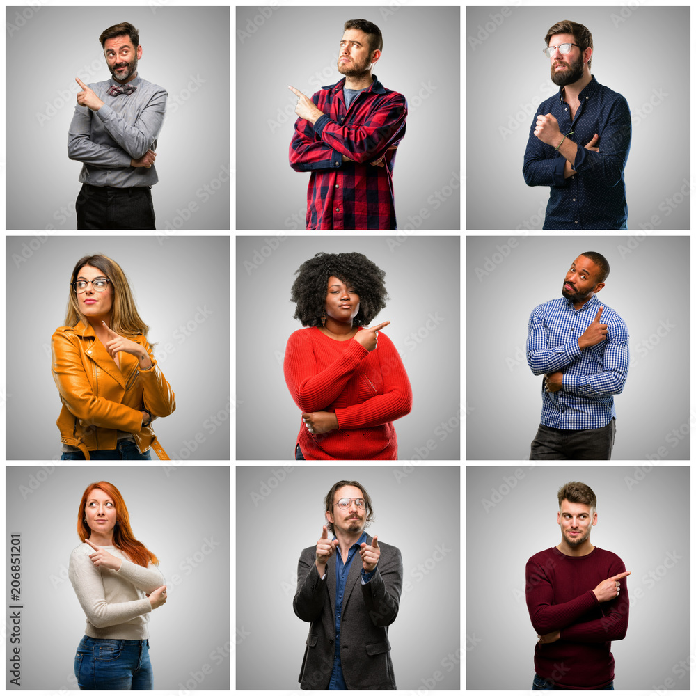 Poster Group of mixed people, women and men pointing away side with finger