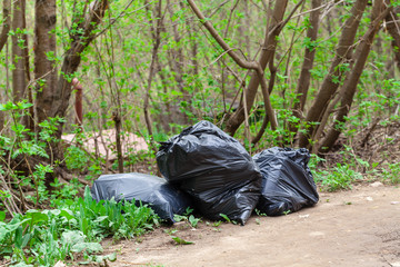 garbage in black plastic bags, cleaning streets