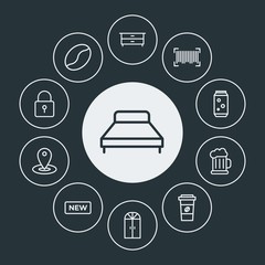 drinks, shopping, furniture Infographic Circle outline Icons Set. Contains such Icons as  house,  interior,  food,  room,  barcode, lock,  drink,  bed,  storage and more. Fully Editable. Pixel Perfect