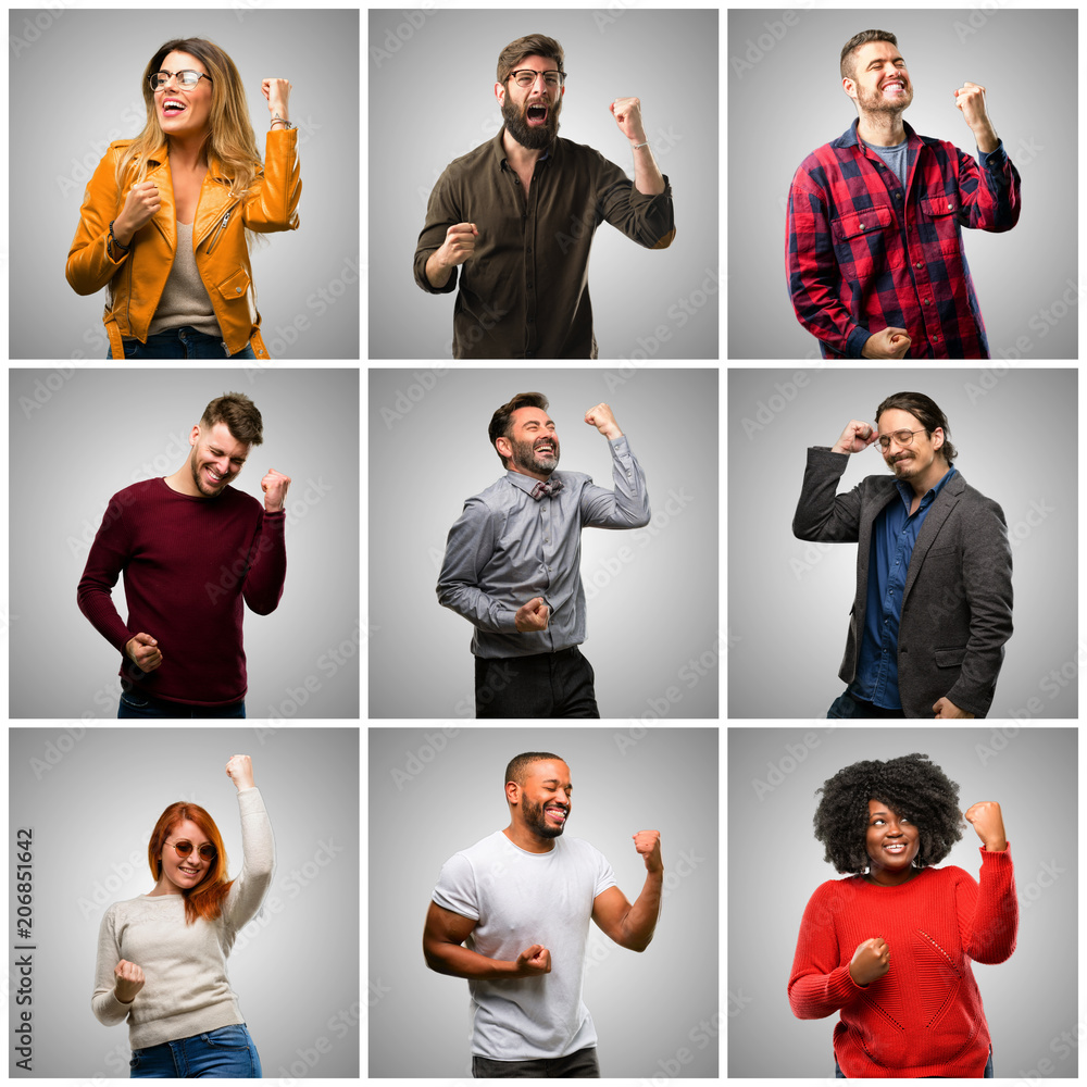 Poster Group of mixed people, women and men happy and excited celebrating victory expressing big success, power, energy and positive emotions. Celebrates new job joyful