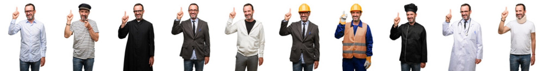 Senior man, different professionals raising finger, the number one