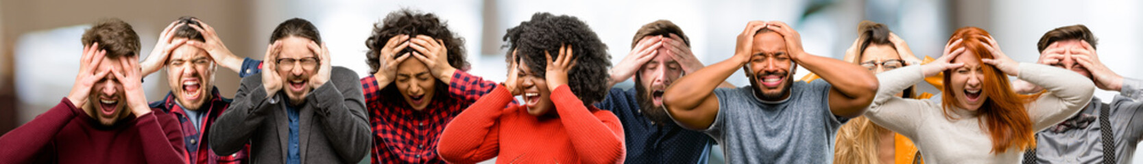 Group of people stressful keeping hands on head, terrified in panic, shouting
