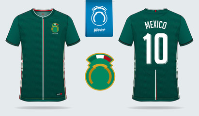 Fototapeta premium Soccer jersey or football kit template design for Mexico national football team. Front and back view soccer uniform. Football t shirt mock up. Vector Illustration