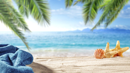 Summer Accessories Composition on a Beach. Palm Leaves, Shells and Towel and Sand with Sea in...