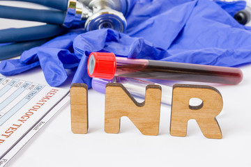 INR Clinical laboratory medical acronym or abbreviation of prothrombin time, blood test for...
