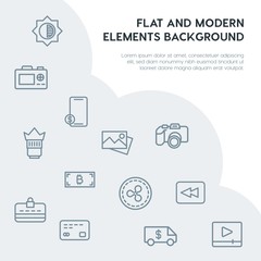 money, mobile, video, photos outline vector icons and elements background concept on grey background.Multipurpose use on websites, presentations, brochures and more