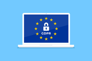 GDPR, General data protection regulation concept. Laptop with european union flag, and privacy padlock