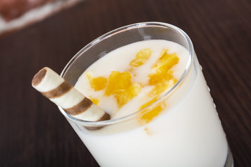 fruit cocktails made of yogurt, Healthy morning drink on the background of old wood and bricks