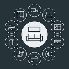drinks, shopping, furniture Infographic Circle outline Icons Set. Contains such Icons as  comfortable,  room,  cheque,  cash,  transport,  table, delivery, milk and more. Fully Editable. Pixel Perfect