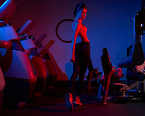 Gorgeous slim woman with long brunette hair tied up in pony tail, dressed in sports clothing, walking between rows of exercise machines, back view. Beautiful female fitness model posing at gym.