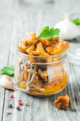Marinated chanterelle mushrooms in glass jar on rustic background. Selective focus, space for text.