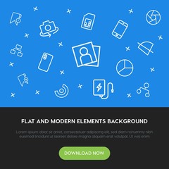 charts, mobile, photos, bookmarks outline vector icons and elements background concept on blue background.Multipurpose use on websites, presentations, brochures and more