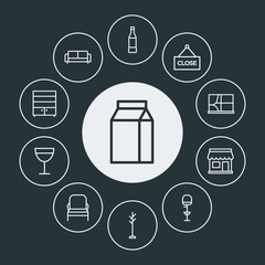 drinks, shopping, furniture Infographic Circle outline Icons Set. Contains such Icons as  drink,  market,  white,  liquid,  rack, beverage,  banner,  couch, web and more. Fully Editable. Pixel Perfect