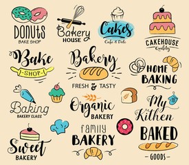 Bakery labels, logos, hand drawn tags and elements set for bakery shop, cafe, restaurant, class, paper bag, packaging. Vector illustration.