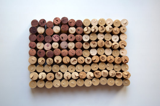 Wine corks flag of the USA abstract composition isolated on  white background from a high angle view