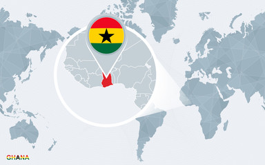 Obraz premium World map centered on America with magnified Ghana.