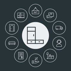 drinks, shopping, furniture Infographic Circle outline Icons Set. Contains such Icons as  hanger,  discount,  cheque,  center, service, entrance,  rack,  door and more. Fully Editable. Pixel Perfect