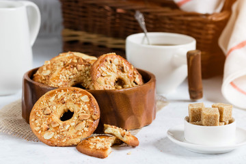 Homemade peanut cookies in a wooden bowl. Tea time in a rustic style.