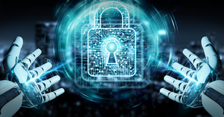 White robot hand securing digital datas 3D rendering