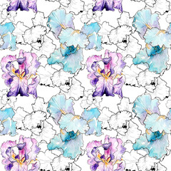 watercolor drawing of irises. seamless pattern