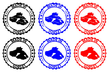Made in Lesbos - rubber stamp - vector, Lesbos island map pattern - black, blue and red