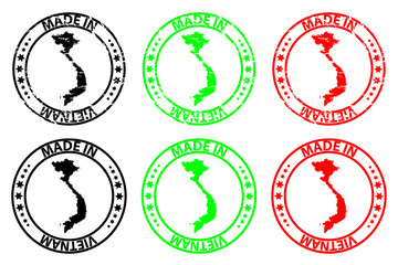 Made in Vietnam - rubber stamp - vector,  Socialist Republic of Vietnam map pattern - black, green and red