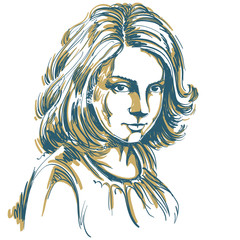 Vector art drawing, portrait of gorgeous romantic girl isolated on white. Facial expressions, people positive romantic emotions.