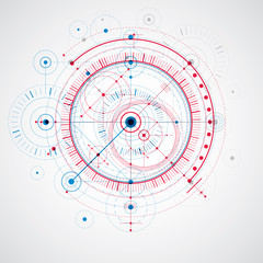 Technical plan, abstract engineering draft for use in graphic and web design. Red and blue vector drawing of industrial system created with mechanical parts and circles.