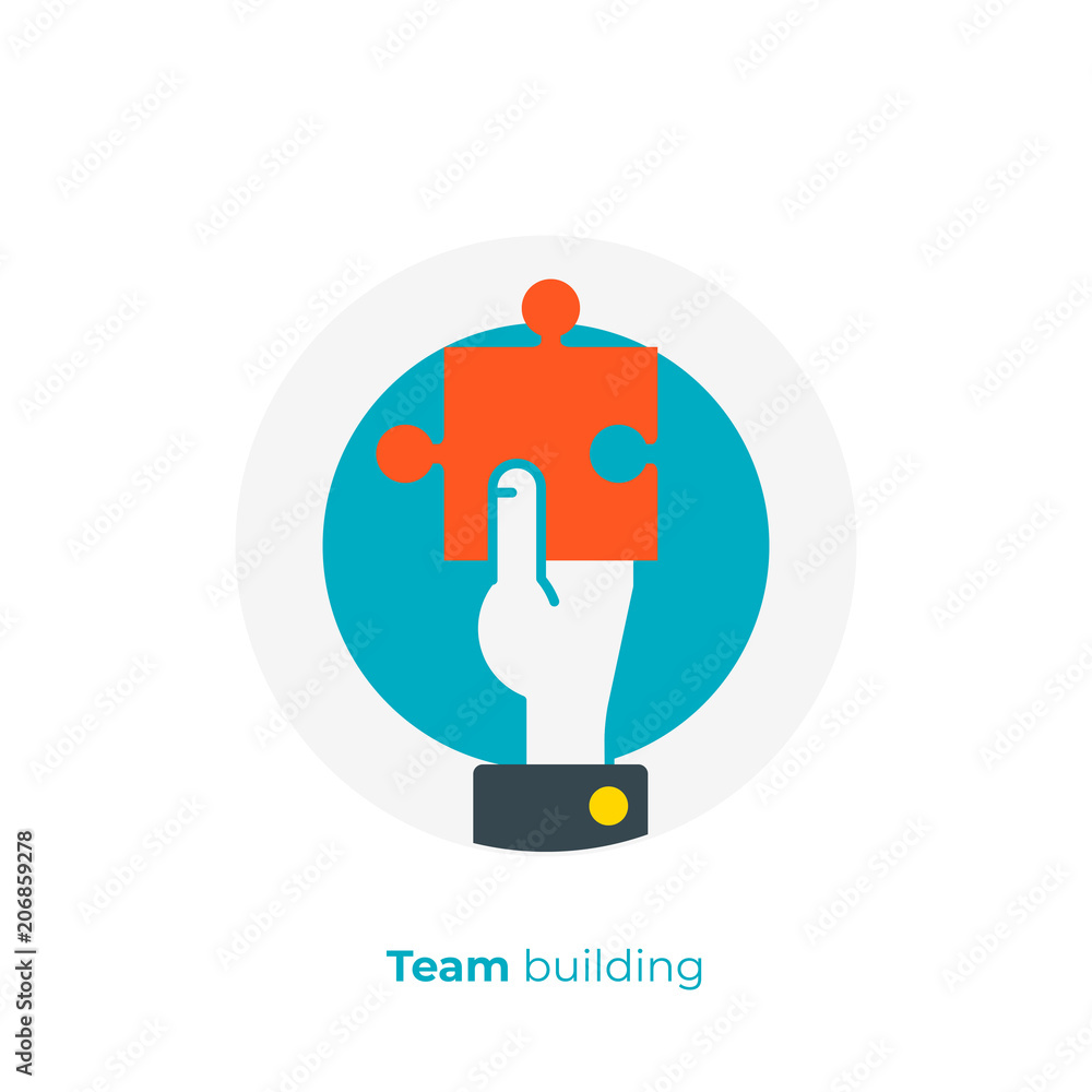 Poster flat art puzzle piece in a hand. business solution. team building. scalable vector icon in modern fl