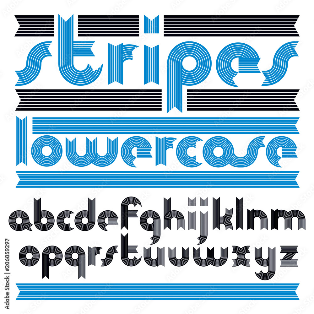 Poster set of cool vector lowercase english alphabet letters isolated. funky italic rounded bold font, type