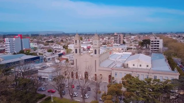 Aerial view over  town in Buenos Aires, Balcarce, Argentina, with the church and the square in the center