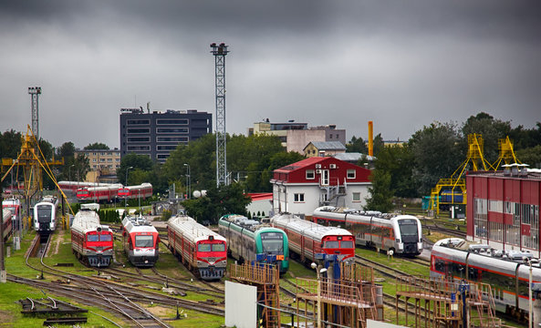 European train depot in city.