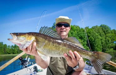 Crédence de cuisine en verre imprimé Pêcher Trophée de pêche en lac d& 39 été - doré