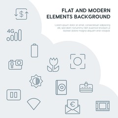 money, mobile, video, photos outline vector icons and elements background concept on grey background.Multipurpose use on websites, presentations, brochures and more