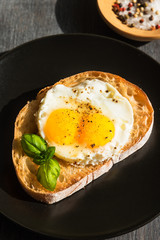 French sandwich with fried egg with two yolks on a black plate