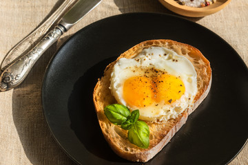 French sandwich with fried egg with two yolks on a black plate