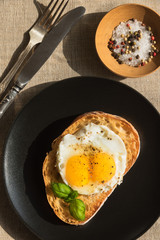 French sandwich with fried egg with two yolks on a black plate