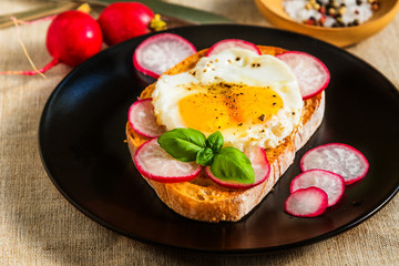 Healthy sandwich with fried eggs, radish and basil on a rustic background