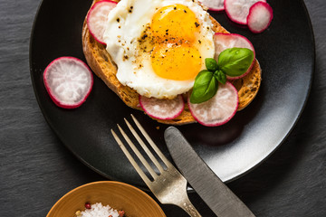 Healthy organic sandwich with fried eggs, radish and basil and spices on a black background
