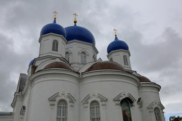 Fototapeta premium BOGOLYUBOVO, RUSSIA - MAY 19, 2018: The facade of the Holy Bogolyubsky Female Monastery of the Nativity of the Virgin. Founded in the 12th century 