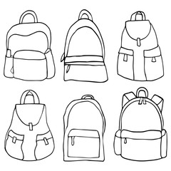 Collection of hand drawn backpacks. Vector illustration - outlines