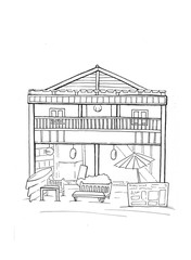Wooden hut with cafe shop handdrawn sketch. Tropical island house architecture. Black white travel sketch.